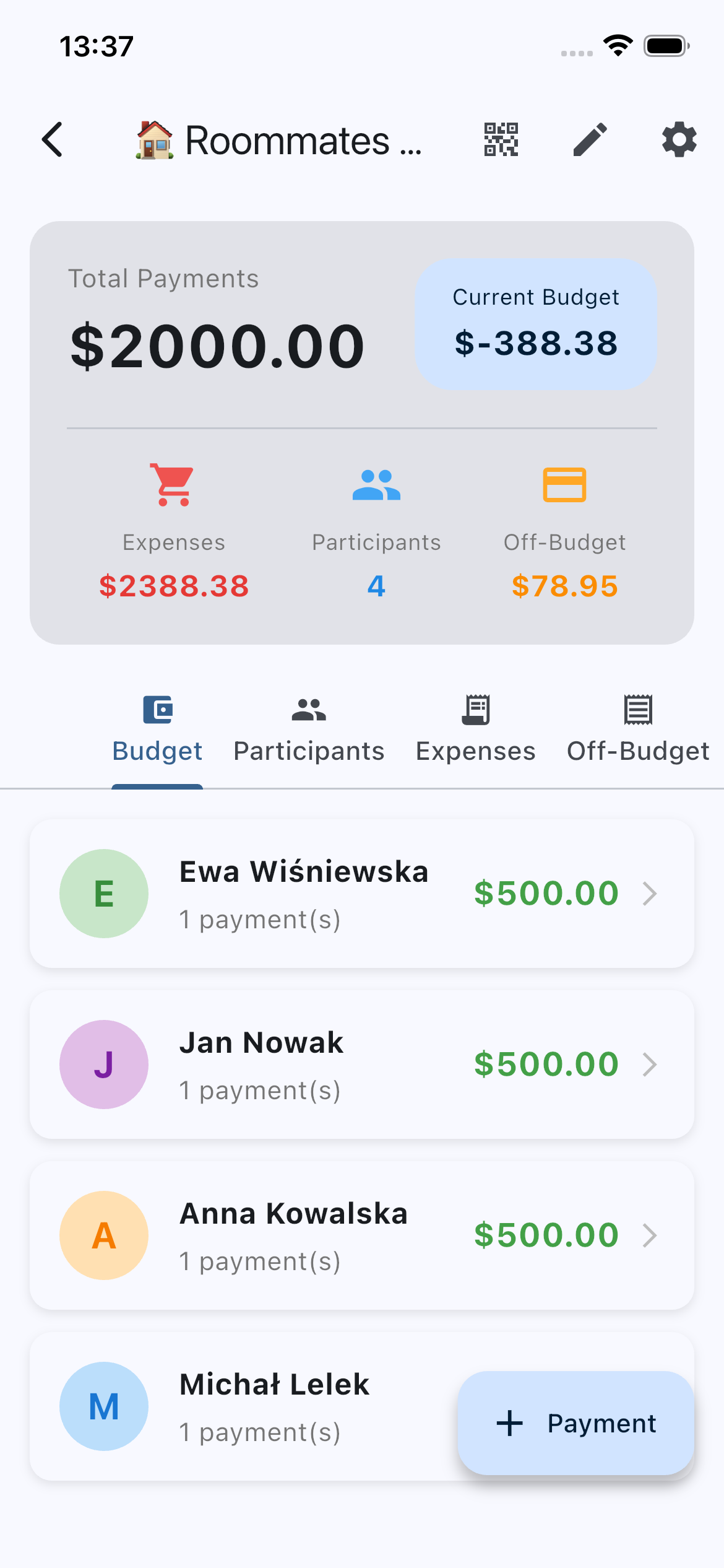 Podsumowanie członków grupy i salda