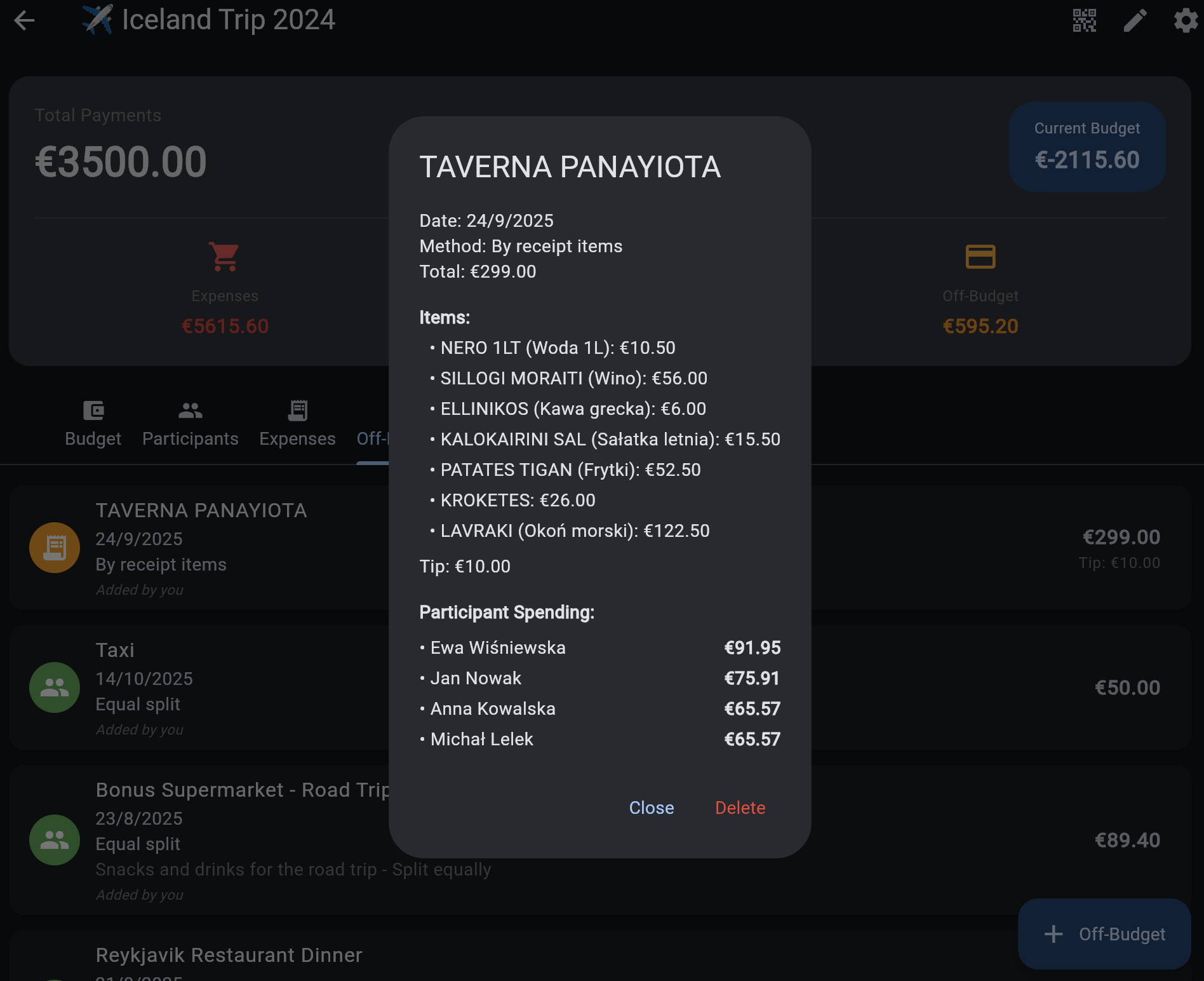Receipt scanning and item-by-item splitting